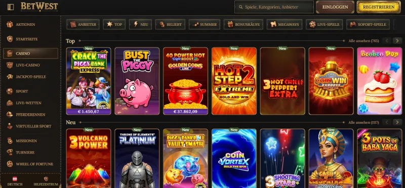 Screenshot der BetWest Casino-Seite