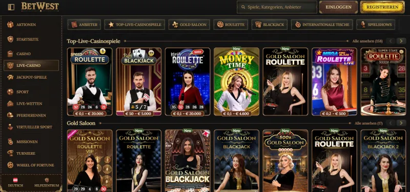 Screenshot der Live-Casino-Seite von BetWest Casino