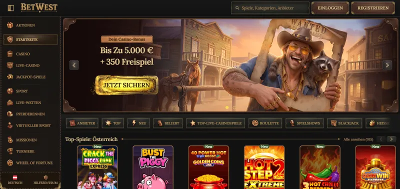 Screenshot der BetWest Casino-Startseite
